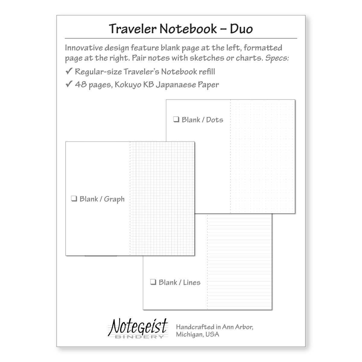 Traveler's Notebook Refill - Duo Pages - Wheat (Blank/ruled) - Notegeist Bindery