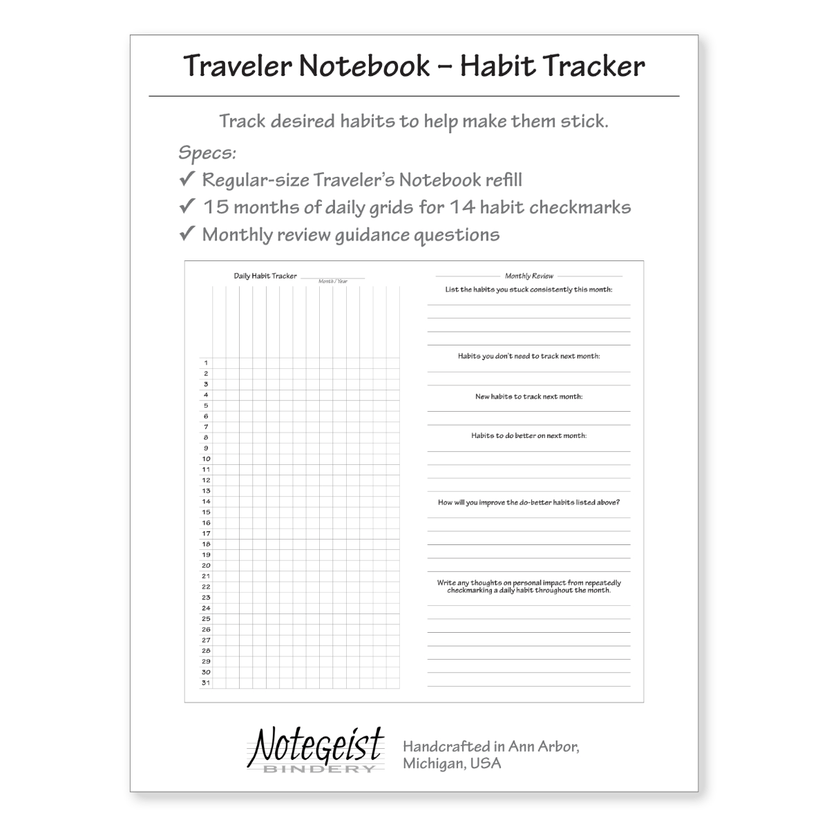 Traveler's Notebook Refill - Habit Tracker (Yellow) - Notegeist Bindery