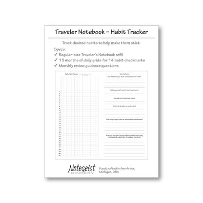 Notegeist Bindery - Traveler's Notebook Refill - Habit Tracker - Blue - Notegeist